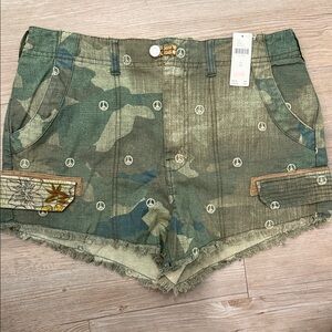 Pilcro Green Camo Peace Sign Frayed Jean Shorts